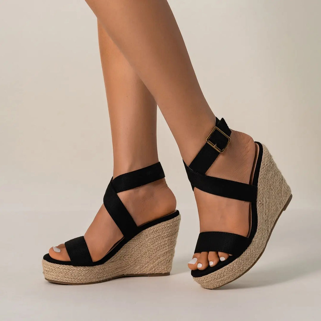 Riviera Chic Black Espadrille Wedges